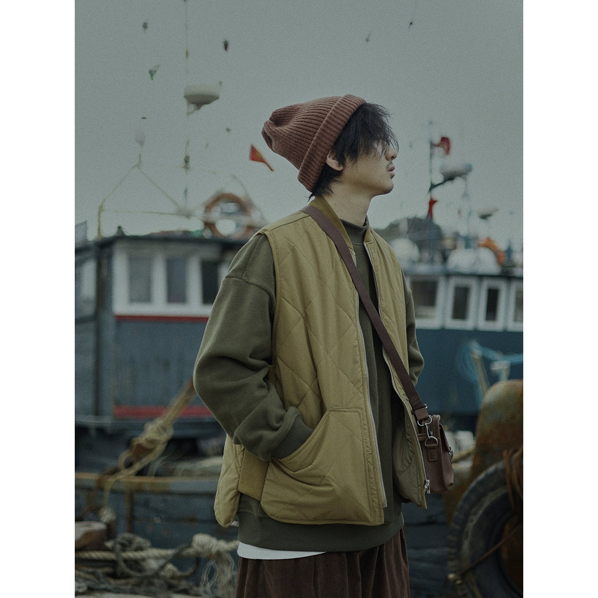 Diamond Plaid Baseball Collar Japanese Loose Cotton Coat Jacket Vest