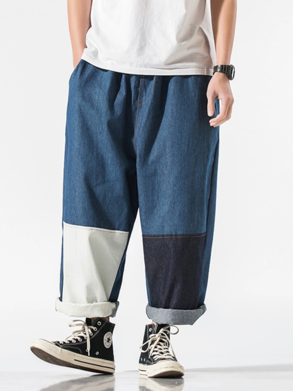 Patch Jeans Men's Straight Loose Fashion Brand plus Size Elastic Band Casual Wide Leg Cropped Tappered Pants Spring and Autumn