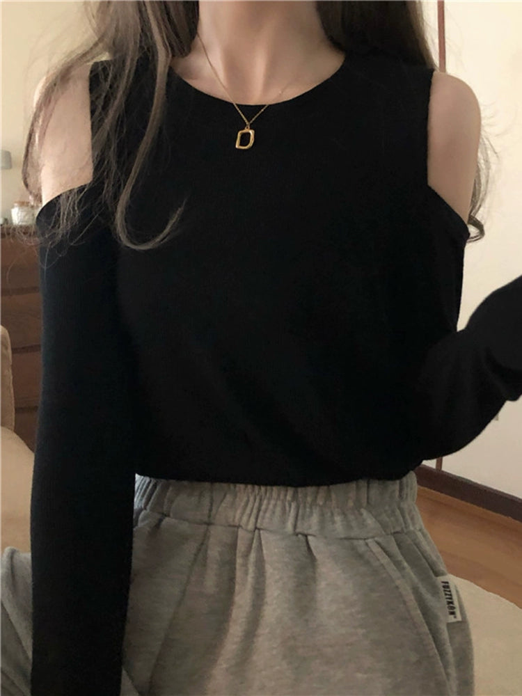 Age Reduction Early Autumn Western Style off-the-Shoulder Upper Clothes Long Sleeves T-shirt