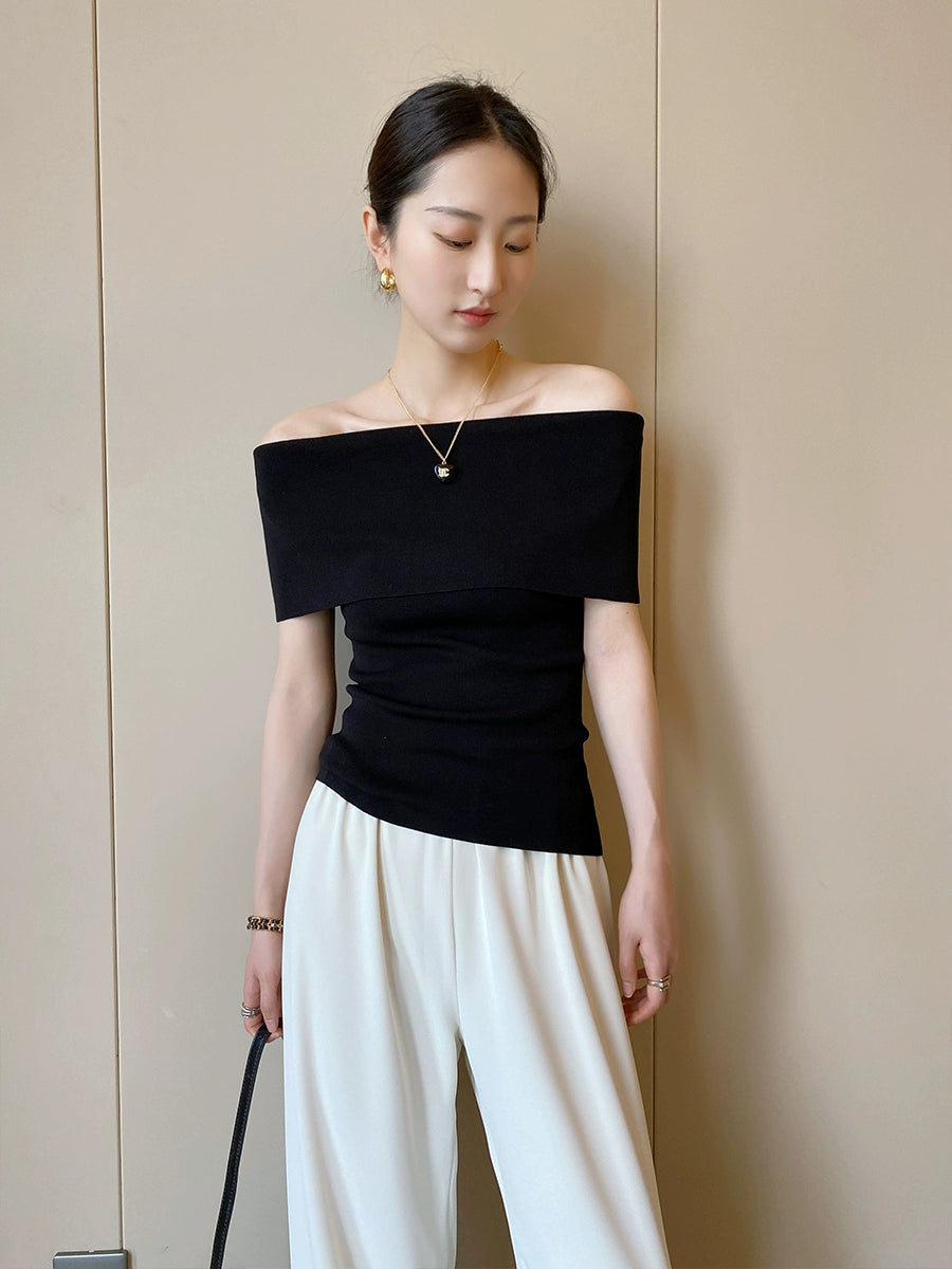 Pinkeen Black off-Shoulder Short-Sleeved Sweater Women's Summer 2023 New Design Sense Slim Fit Slimming Top