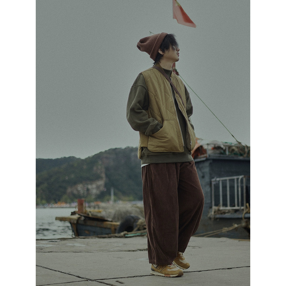 Diamond Plaid Baseball Collar Japanese Loose Cotton Coat Jacket Vest