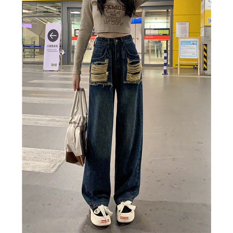 Irregular Ripped American-Style Vintage High-Waist Jeans