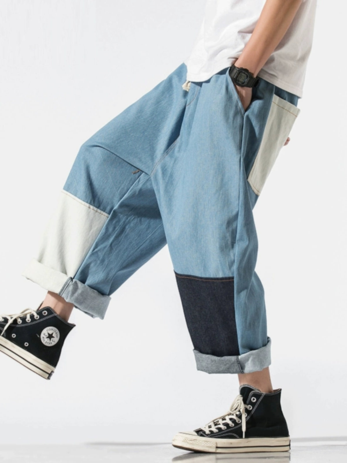Patch Jeans Men's Straight Loose Fashion Brand plus Size Elastic Band Casual Wide Leg Cropped Tappered Pants Spring and Autumn