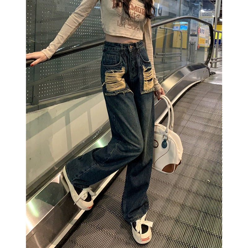 Irregular Ripped American-Style Vintage High-Waist Jeans