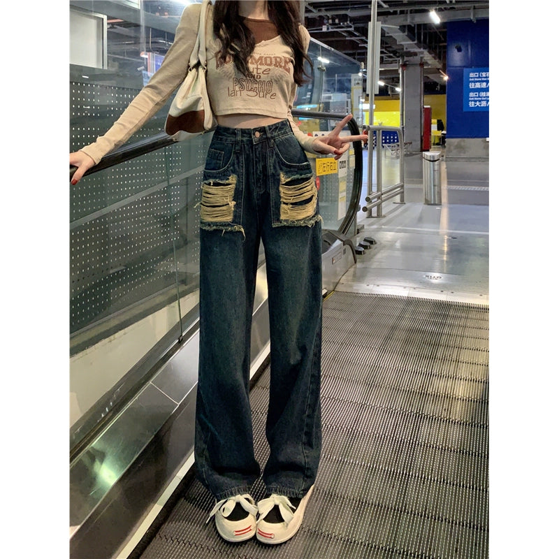 Irregular Ripped American-Style Vintage High-Waist Jeans