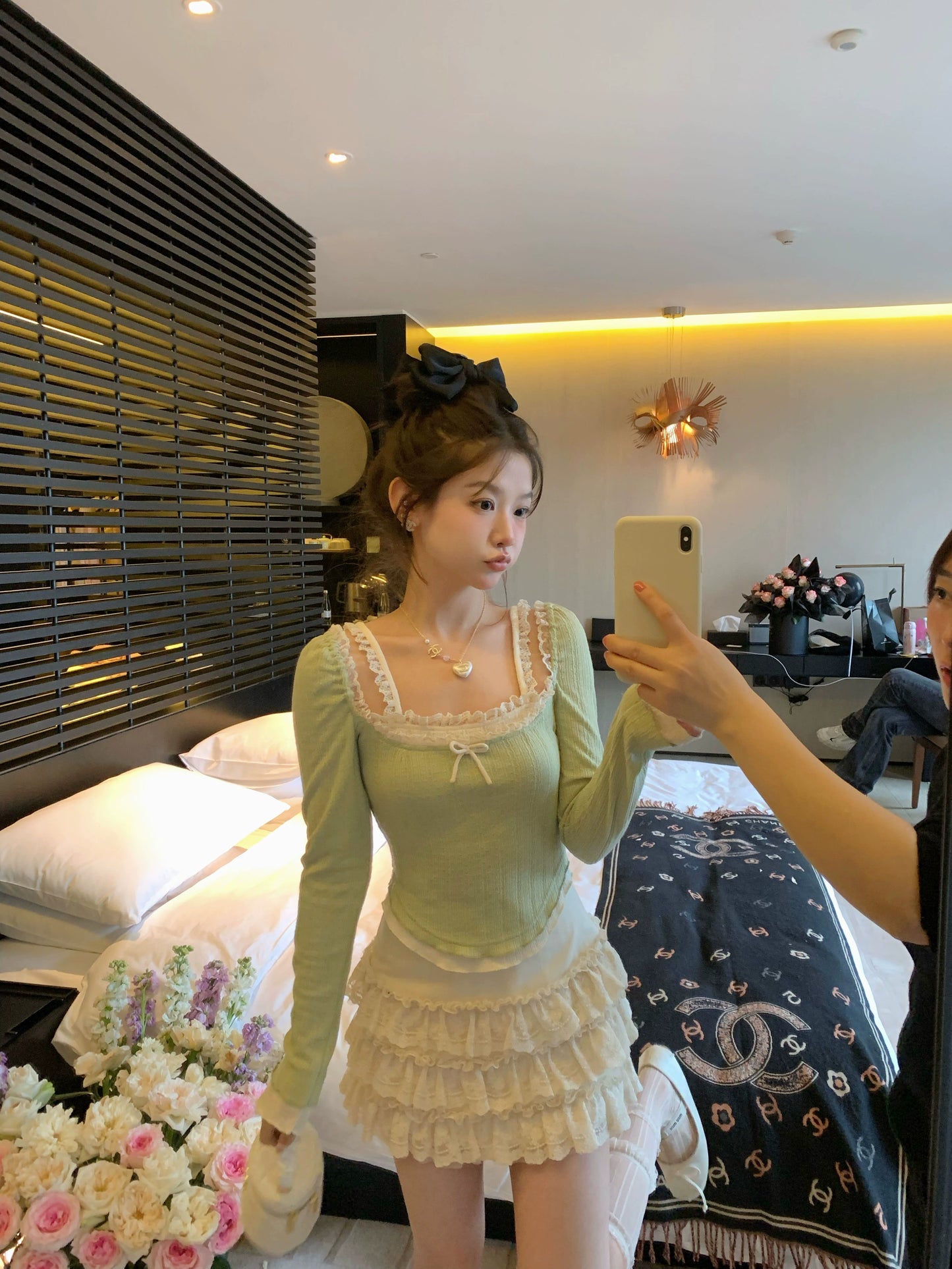 Miss Weiss Jasmine Green Tea Square Collar Knitted Top