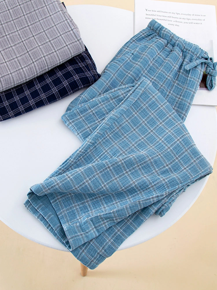 Men's Spring and Autumn Cotton Blue Japanese Style Plaid Pajama Pants
