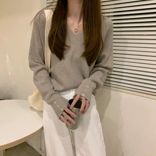 Chic Autumn Long Sleeve Pullover Hong Kong Style V Neck Sweater