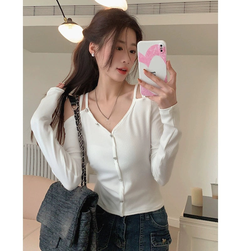 Plus size Chubby Girl Sexy off-the-Shoulder Long sleeves Shirt Women Bottoming Shirt Autumn Wear French style Sweet and Spicy Style Design Sense Top