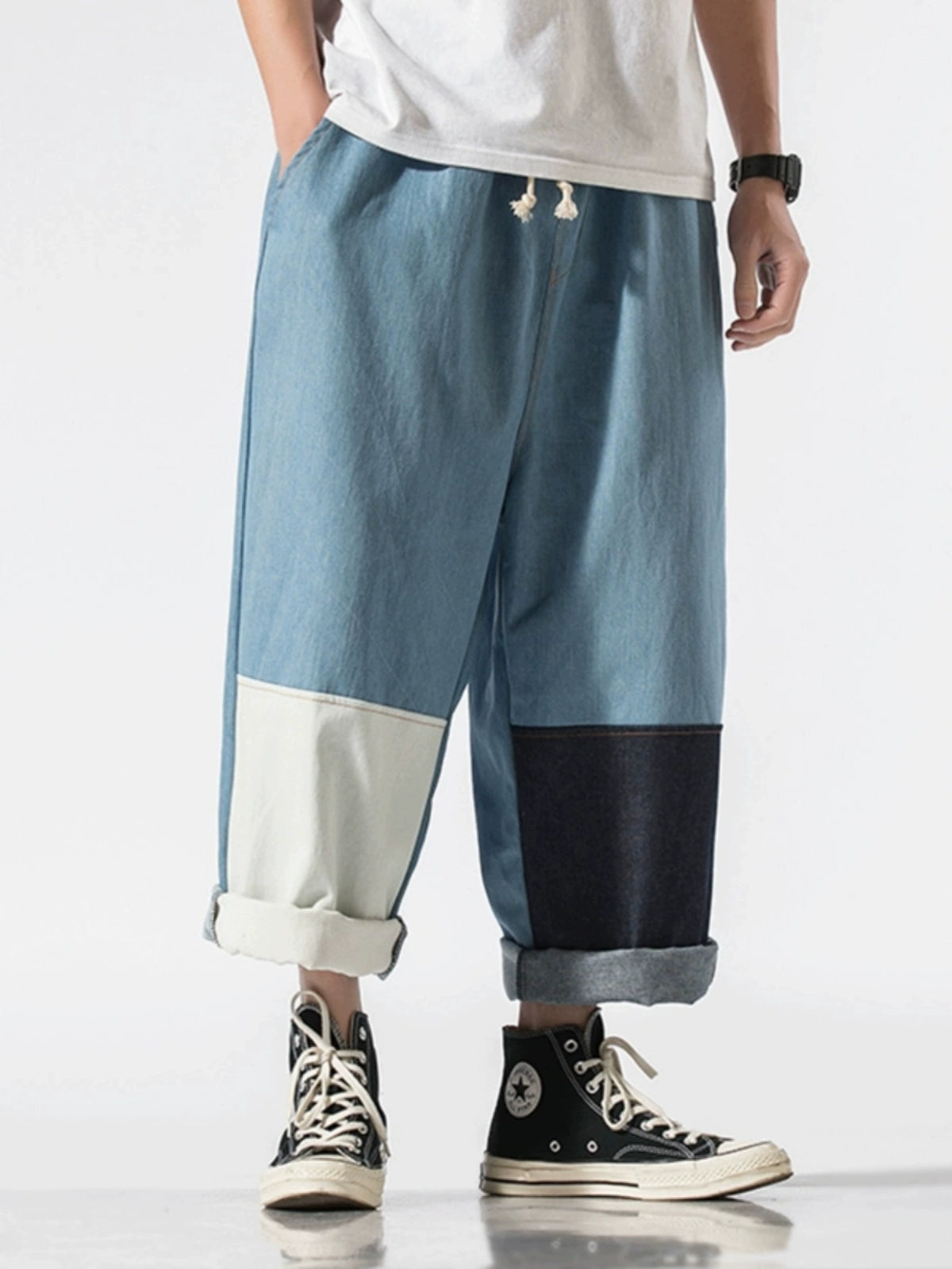 Patch Jeans Men's Straight Loose Fashion Brand plus Size Elastic Band Casual Wide Leg Cropped Tappered Pants Spring and Autumn