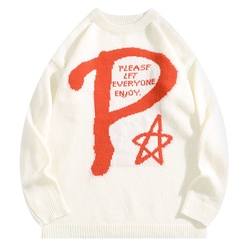 Letter Jacquard American Style Loose round Neck Sweater