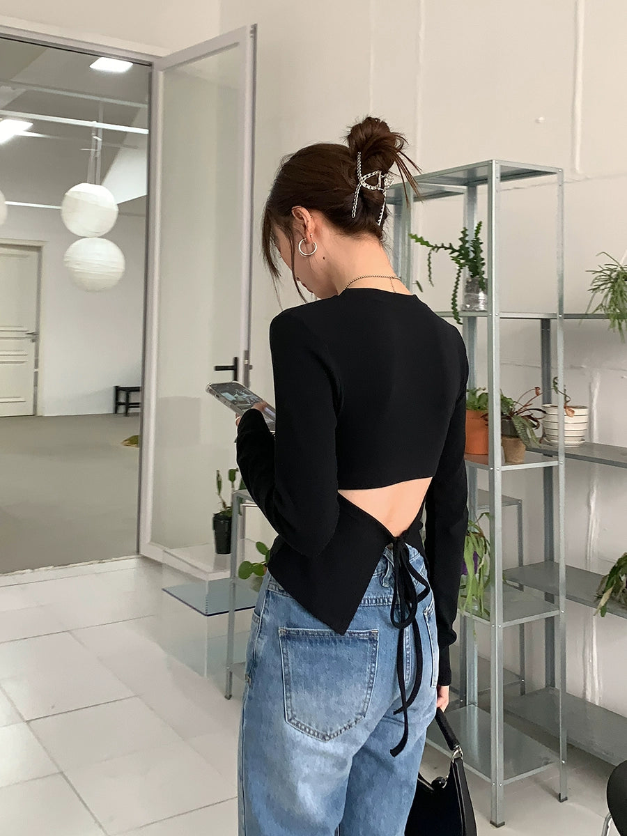 RED People's Hall Long-Sleeved Bottoming Shirt Women's Spring and Autumn 2023 New Black T-shirt Stylish Niche Short Sexy Top