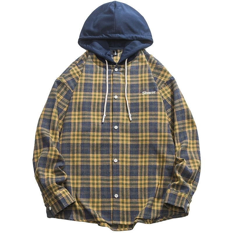 Wukong Goods American Street Plaid Hooded Color Matching Long-Sleeved Shirt Men and Women Retro Loose All-Matching Casual Shirt