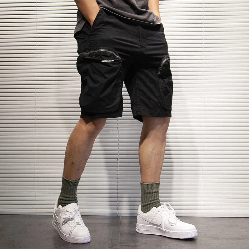 2024 Retro Men's Zip Pocket Cargo Shorts Loose Straight Outdoor Casual Five-Point Pants Male