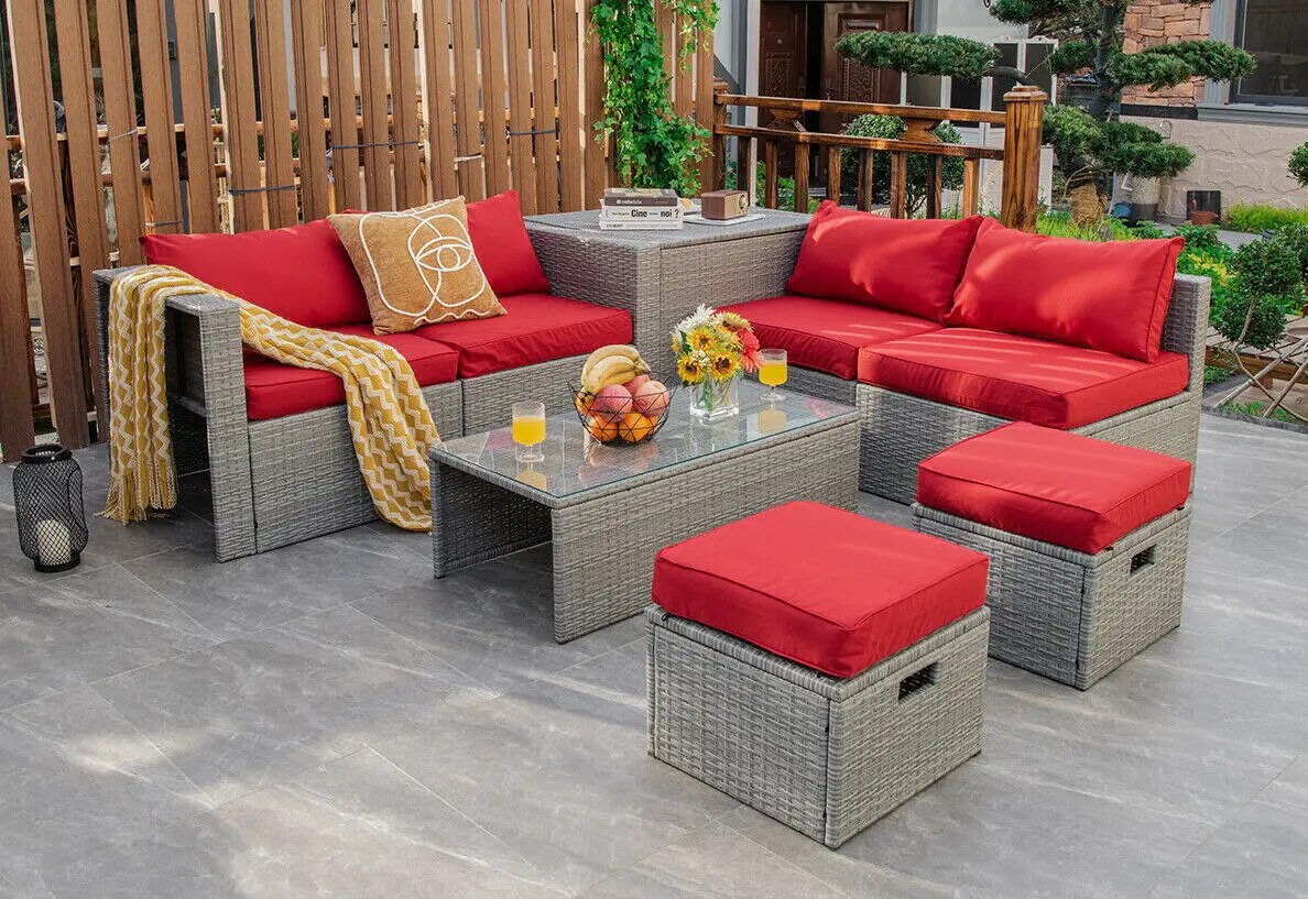 Patiojoy 8PCS Patio Rattan Furniture Set Storage Waterproof Cover Red Cushion