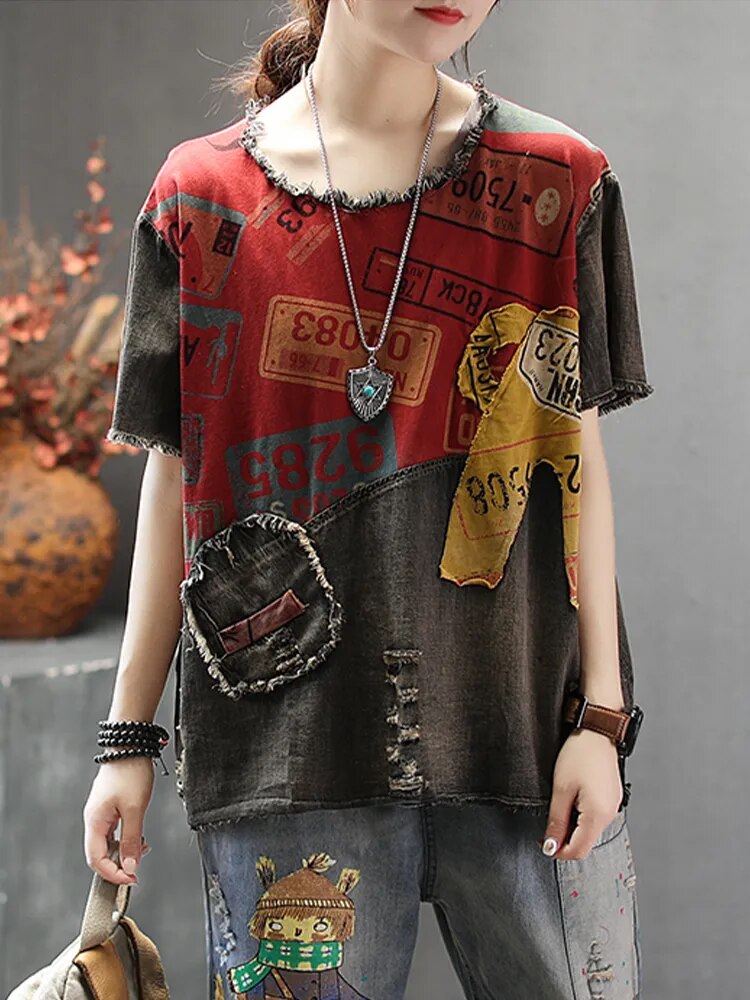 Max LuLu 2023 New Summer European Fashion Style Ladies Vintage Tee Shirts Women Denim Patchwork Ripped Tshirts Casual Streetwear