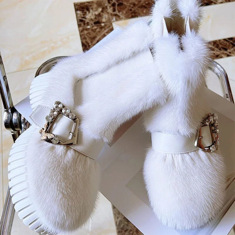 Stylish British Style Platform Ankle Boots Luxury Mink Fur Trend Snow Boots Exquisite Diamond Buckle Solid Color Fur Sneakers