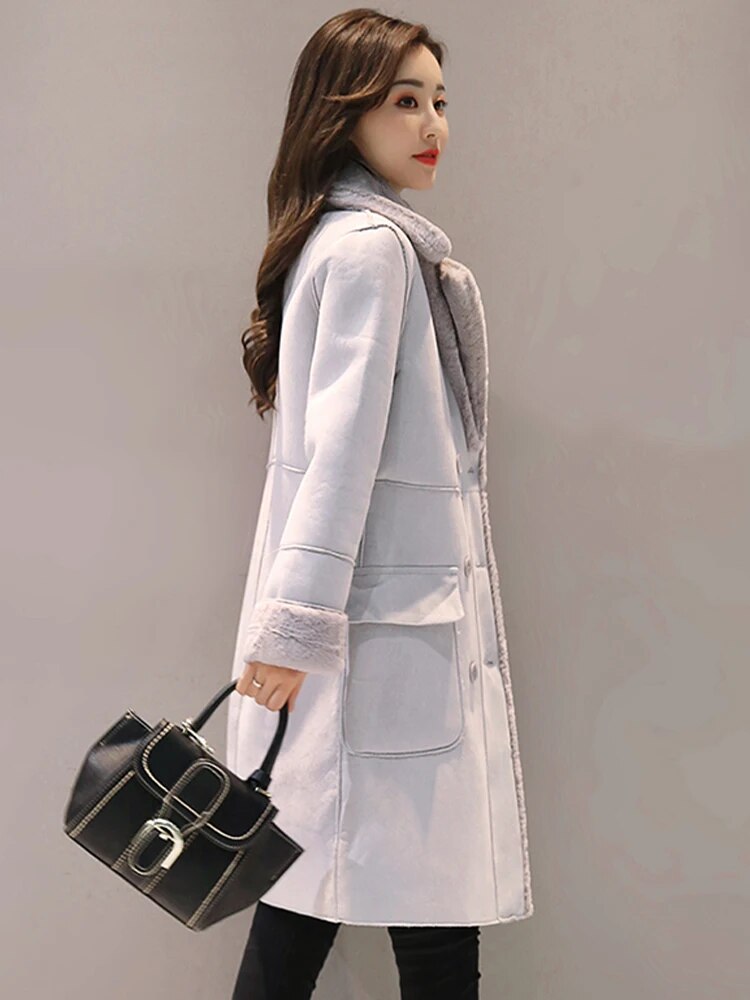 Velvet Thicken Woman Long Coat Jacket Warm Faux Suede Parka Female Double Breasted Gray Jacket 2022 Winter  Women'S Clothing