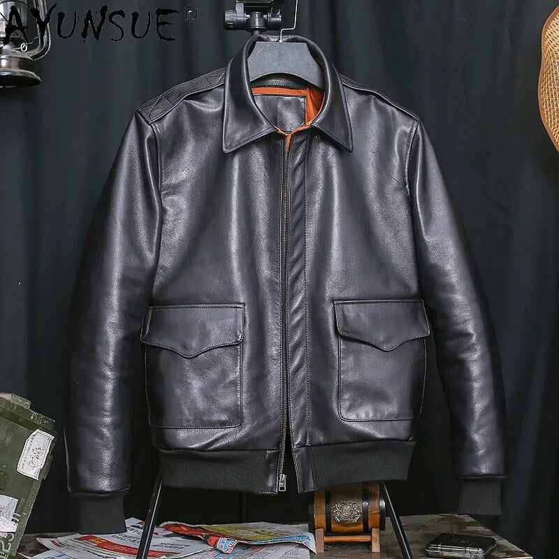 genuine cowhide leather jacket men clothing 2024 autumn coat man flight suit retro men's clothes hommes veste LXR553