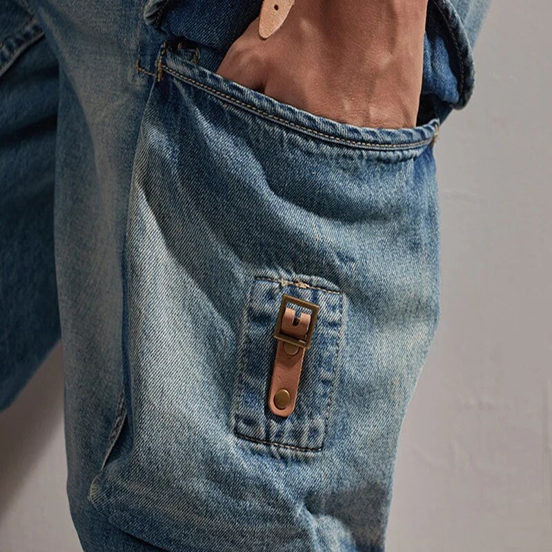 Men's Denim Shorts Retro Loose Side Pockets Leather Buckle Cargo Summer Jeans Male