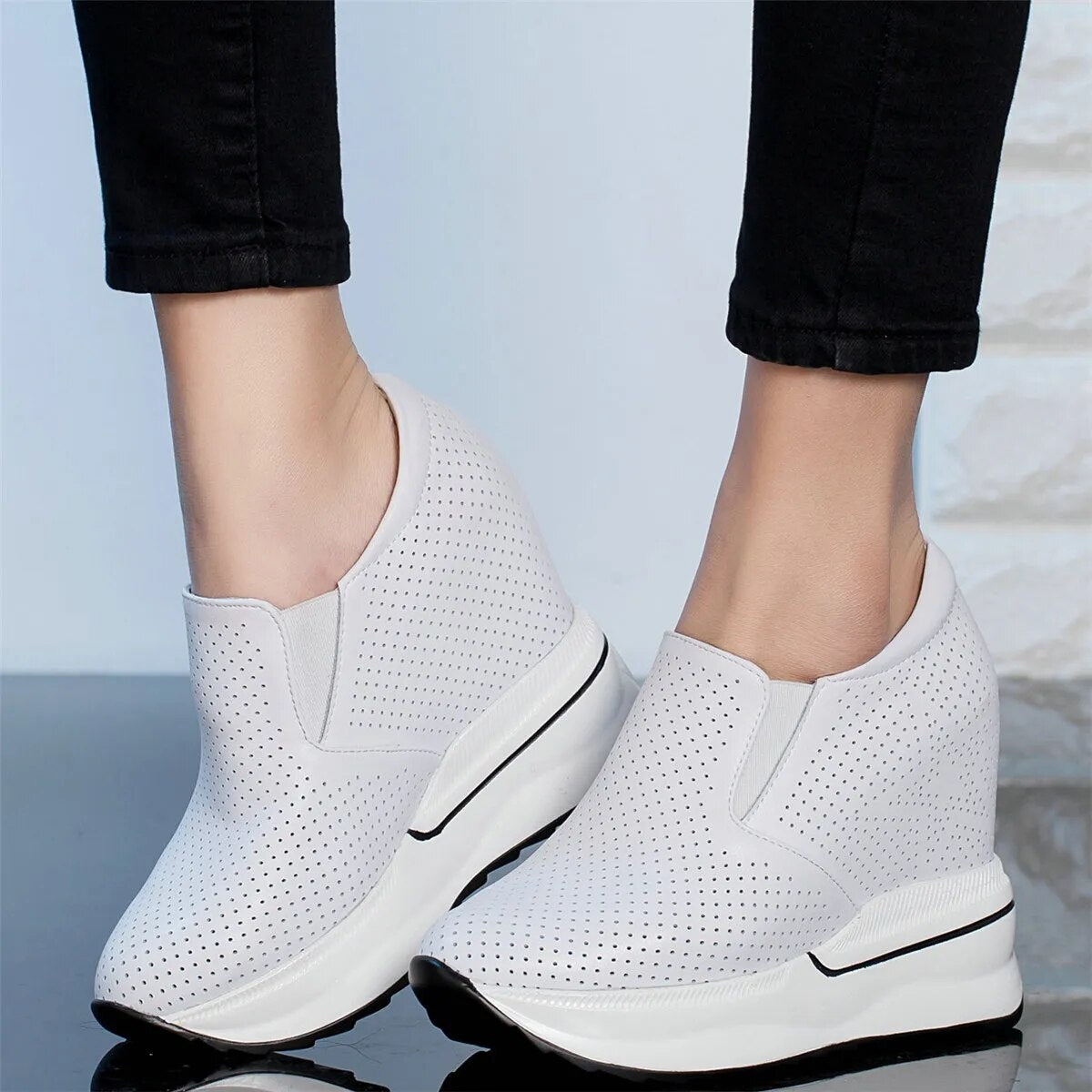 Breathable Vulcanized Shoes Women Genuine Leather Wedges High Heel Pumps Female Round Toe Platform Fashion Sneakers Casual Shoes