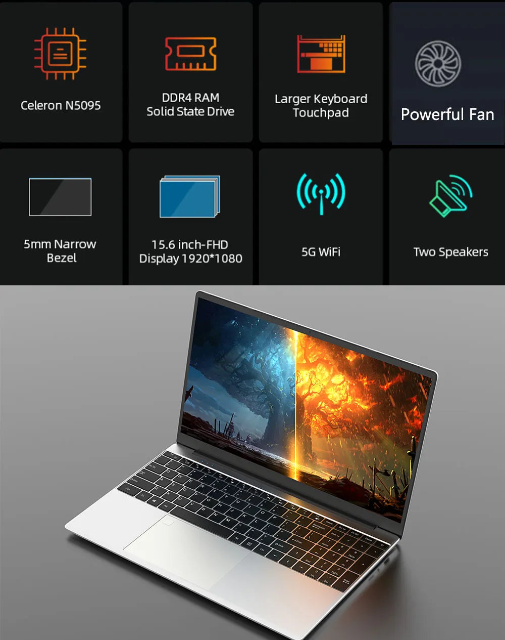 BYONE 15.6 inch Laptop intel Celeron N5095 Fingerprint UnIock Laptop DDR4 16G RAM 512G 1T SSD Windows 11 Thin Gaming Laptops