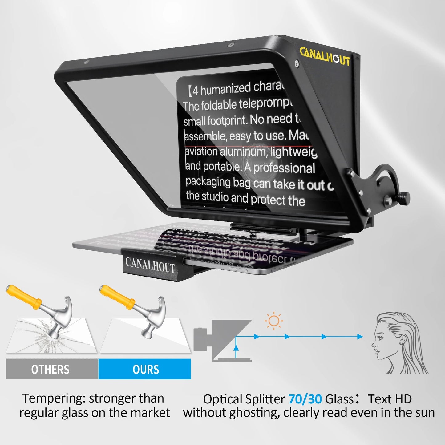 CANALHOUT 16" Universal Liftable Teleprompter for All Tablets/iPad,Video Camera/DSLR , 70/30 Beam Splitting Glass with Tote