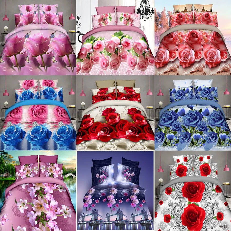 3D Flowers Bedding Set Quilt Duvet Cover Bed Sheets Pillowcase Full Size 200x220cm Sanding Rose Lily Soft 4pcs/set Home textile