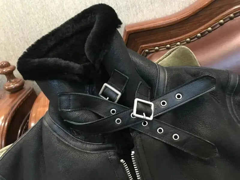 men's genuine leather coat woolen lining liner real sheepskin pilot bullet jacket warm thick clothing for winter black plus 3xl