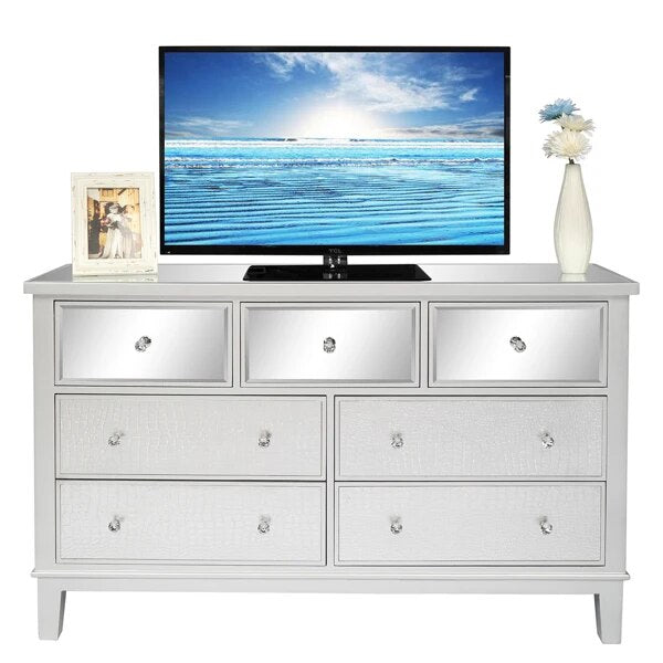 Mirrored Glass TV Stand with 7 Drawers Cabinet Modern Furniture for Living Room Bedroom Decoration 130 x 36 x 78 cm Silver