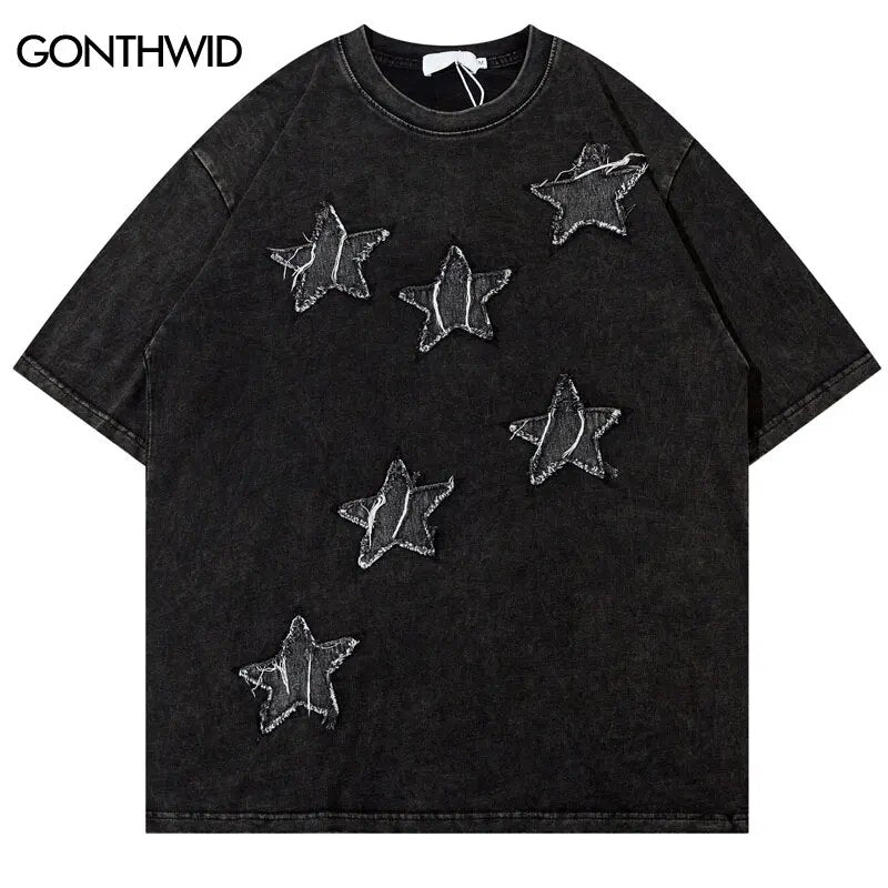 Vintage T-Shirt Streetwear Hip Hop Embroidery Star Patch Washed Tshirt 2023 Harajuku Punk Gothic Tee Shirts Fashion Loose Top