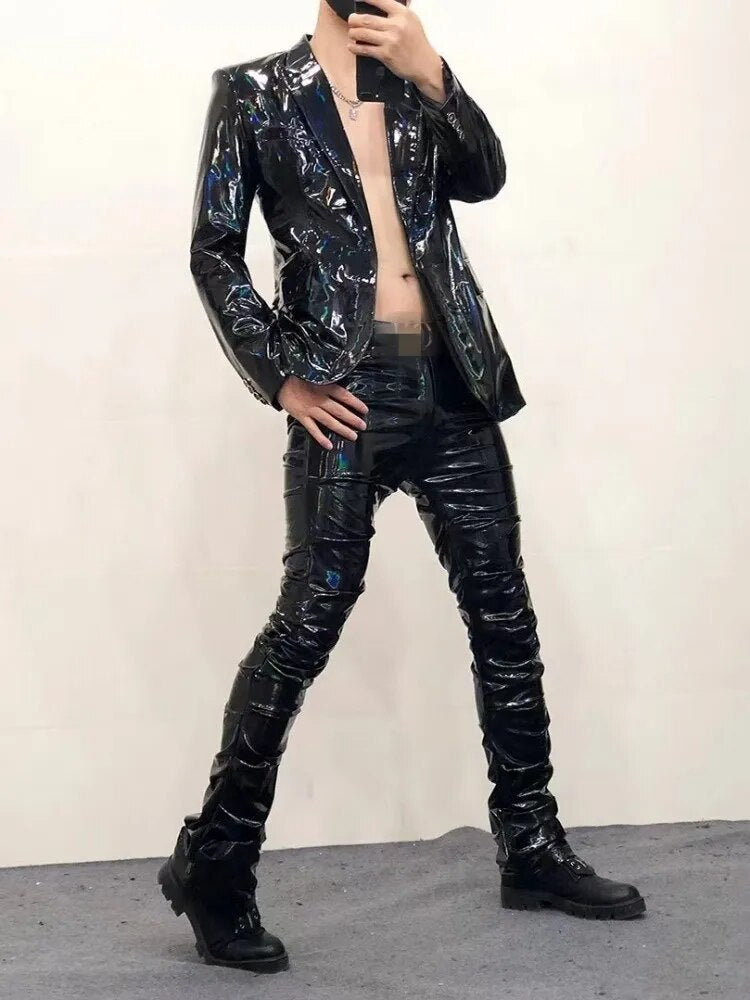 Sexy Mirror Smooth Pleated Flared Pants Men Faux Patent Leather Trousers Plus Size 6XL PU Night Clubwear Stretchy