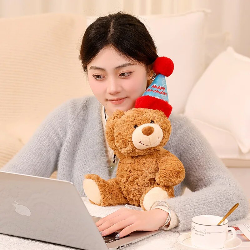 Kawaii Dress Happy Birthday Hat Brown Bear Plush Toy Stuffed Red Rose Bear Confession Valentine's Day Plushie for Girl Boy Gift