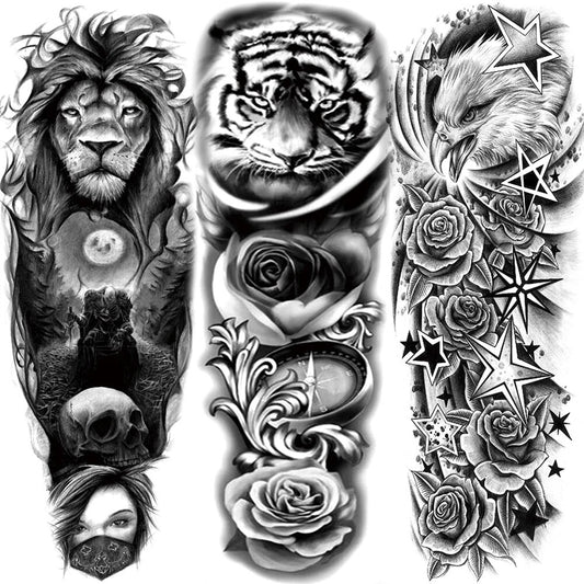 YURAN Flash Fake Full Arm Soldier Temporary Tattoos Waterproof Lion Knight Angel Tatoo For Men Women Body Leg Art Tattoo Sticker
