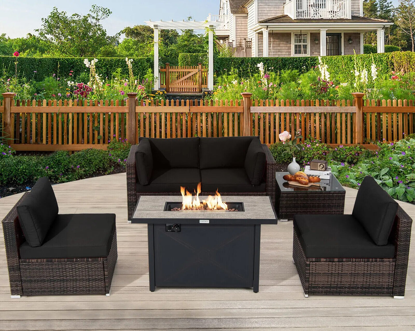 Patiojoy 6PCS Patio Furniture Set Rattan Cushioned Sofa Gas Fire Pit Table Black