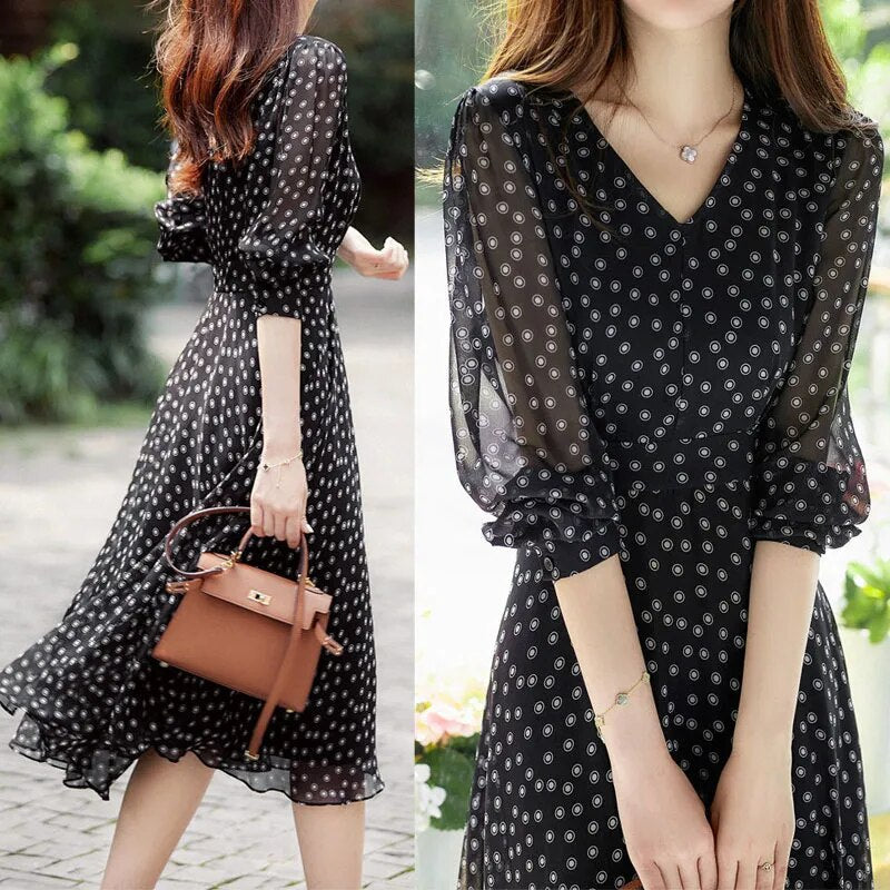 Polka Dot Print Chiffon Elegant Dresses for Women 2023 Summer New Vintage Fashion V-Neck Half Sleeve Casual Ladies Midi Dress - KAISERINC