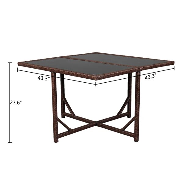 9 Pieces Patio Furniture Set Wood Grain PE Wicker Rattan Dining Table Set Ottoman with Tempered Glass Table Easy Assembly