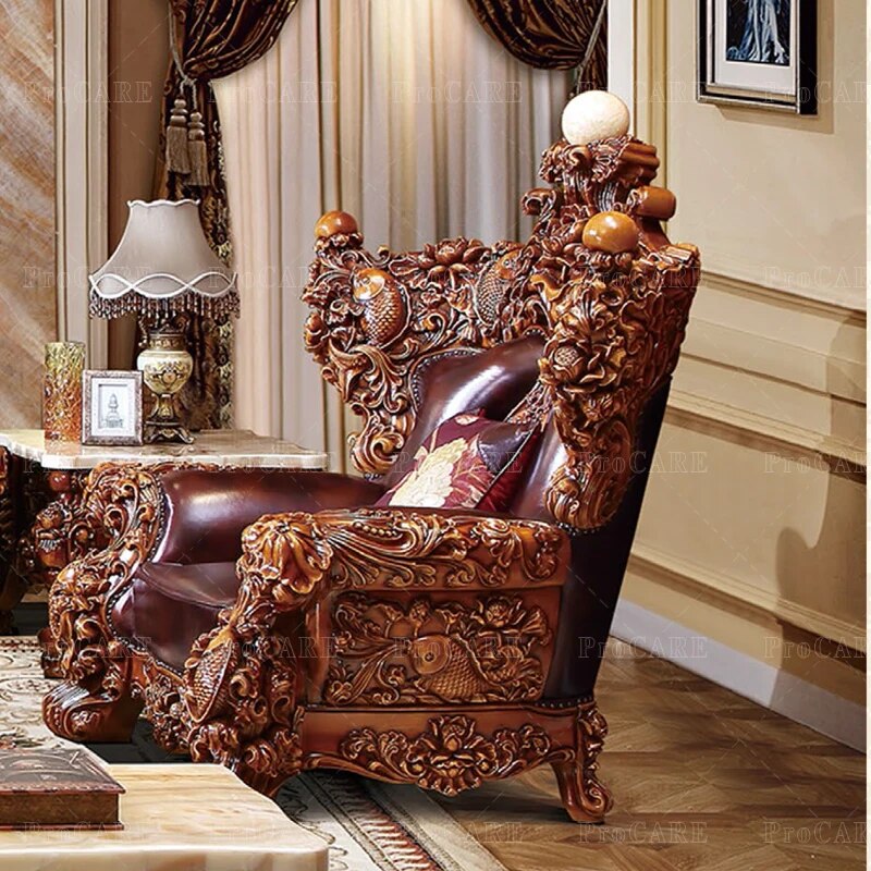 ProCARE European sofa American villa living room genuine leather solid wood carving etro 124 living room sofa sets