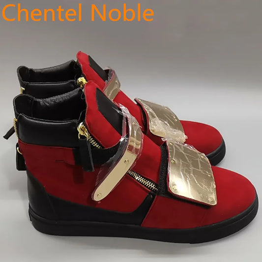 Chentel Noble Suede Leather Men Casual Shoes Party Shoes Men High Quality Flats Metal ZIP Sneakers Red Color Big Size Unisex