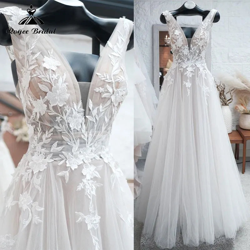 2023 Beach A Line FLowy Wedding Dress with V Neck Lace Appliques Backless Bridal Gown Beach Bridal Gown trouwjurk Robe de mariee - KAISERINC