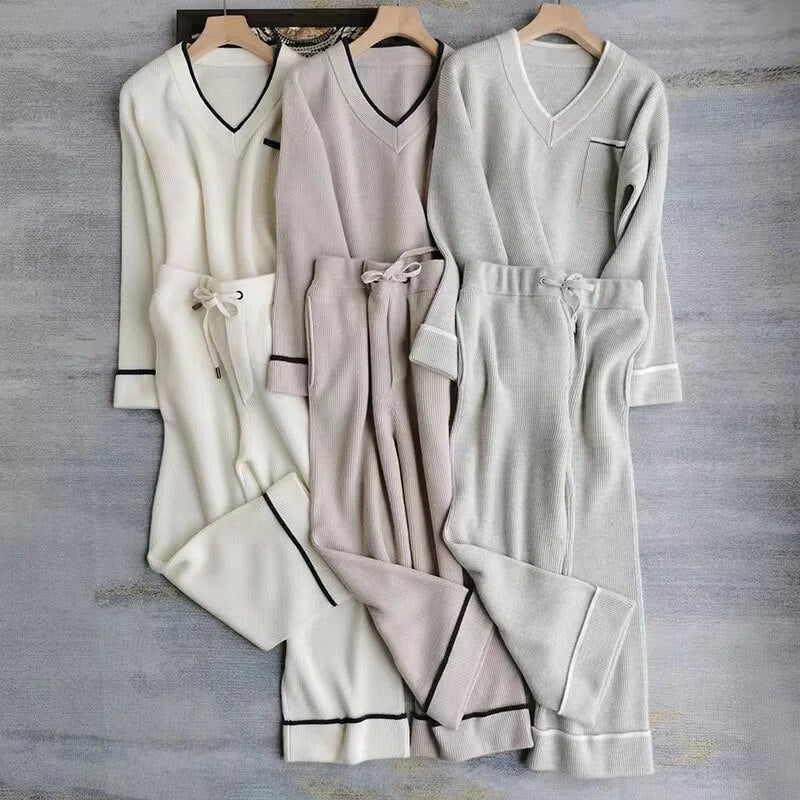 Autumn Winter V Neck Long Sleeve 100% Cashmere Casual Style Pants Suit