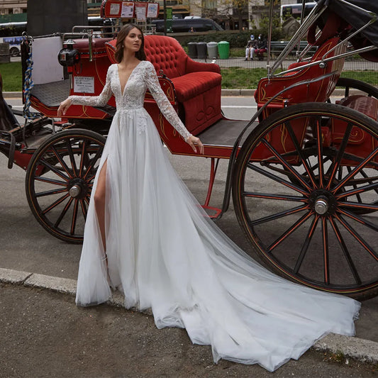 Aviana Charming V-Neck A-Line Wedding Dresses Long Sleeves Lace Appliques Bridal Gown High Side Split Backless Vestido De Novia - KAISERINC