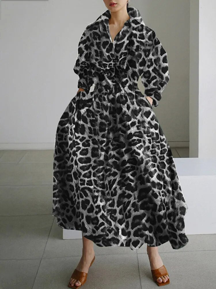 5XL Elegant Women Spring Autumn Sundress Fashion Lapel Neck Long Sleeve Solid  Long Shirt Dress OL Vestidos Robe Femme - KAISERINC