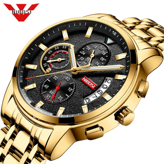 NIBOSI Top Brand Quartz Watch Men Sports Watches Steel Military Calendar Clock Waterproof Gold 2023 Wristwatch Relogio Masculino