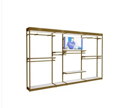 High-end stainless steel clothing store display rack Display rack floor-down gold light luxury brushed shirt men's store shelves