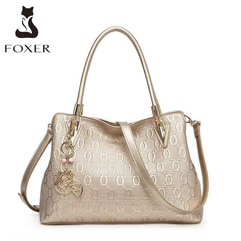 FOXER Occident Style Gold Tote Women's Split Leather Large Capacity Handbag Fashion Ladies Commute Luxury Shoulder Crossbody Bag