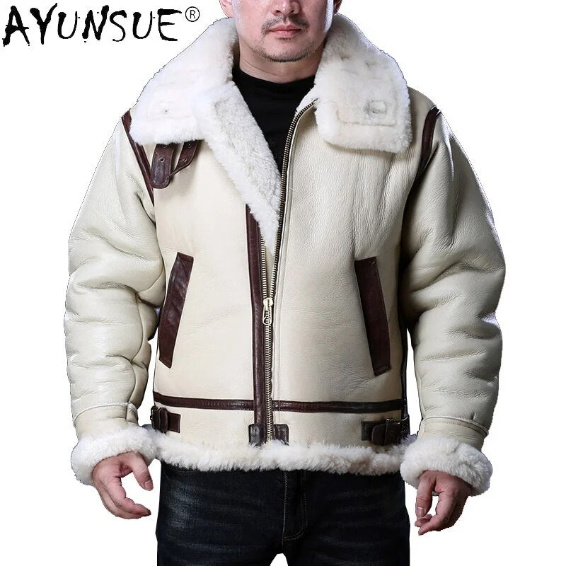 Men's Sheepskin Leather Jacket Men Clothing Real Sheep Shearing Winter Jackets White Wool Fur Coat Hommes Veste LXR910