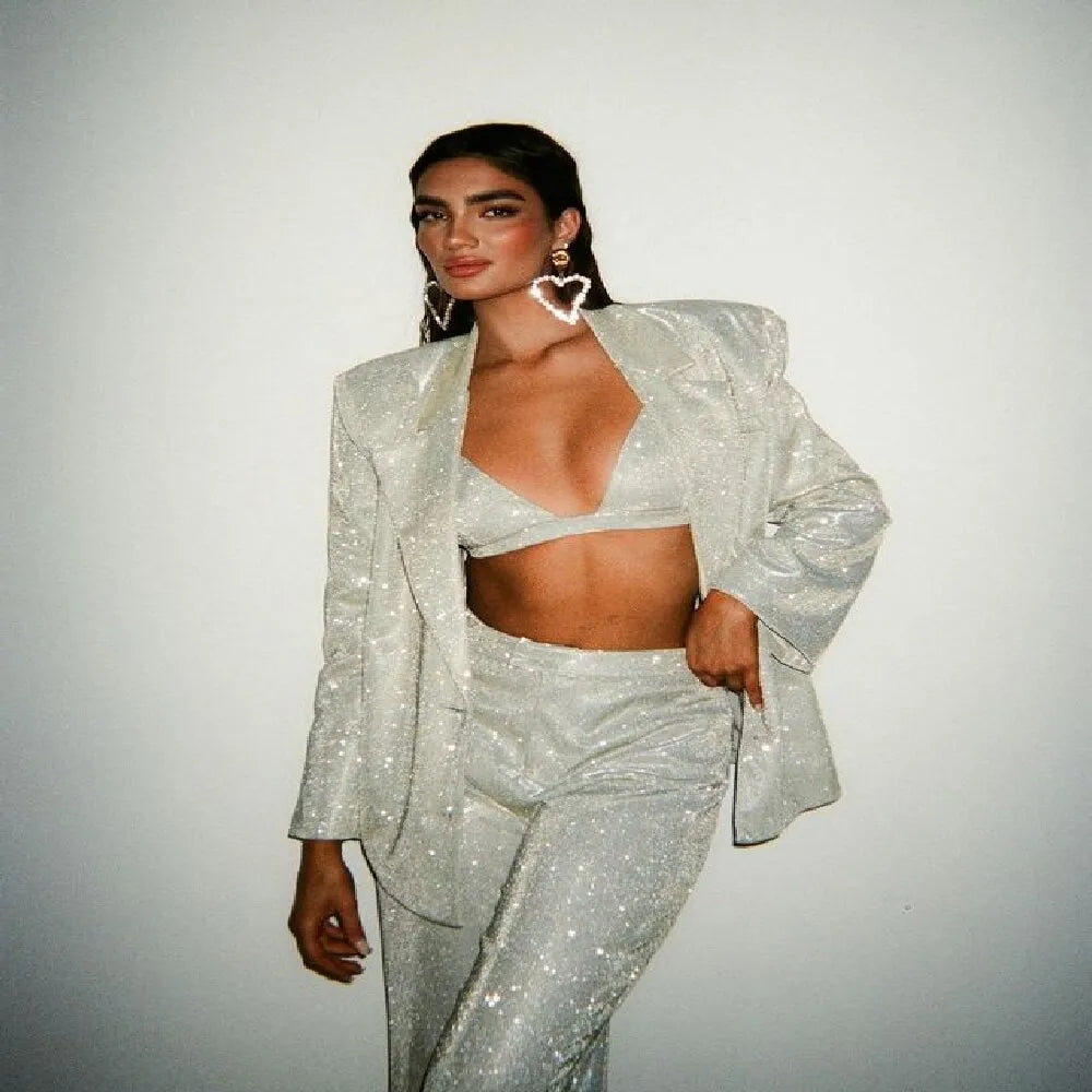 Summer Women's Clothing Silver Three Pieces Suit Exquisite Glitter Decoration Lady Office Costume Celebrity Party Matching Set