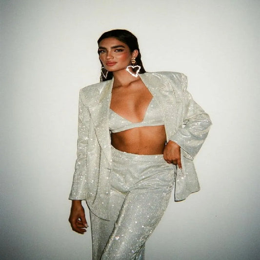 Summer Women's Clothing Silver Three Pieces Suit Exquisite Glitter Decoration Lady Office Costume Celebrity Party Matching Set