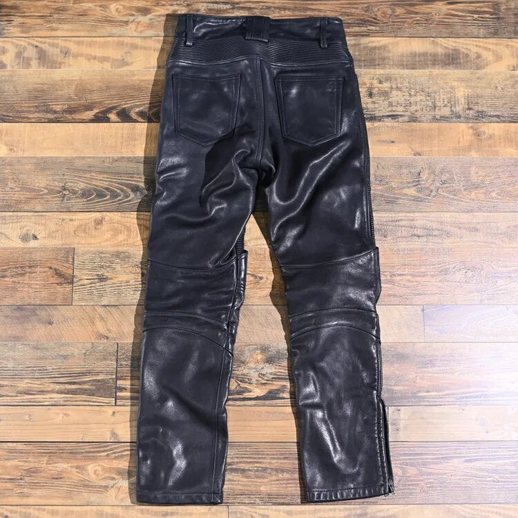 New Pants Men 100% Pure Cowhide Leather Motorcycle Male Slim Fit Trousers Calça De Couro кожаные брюки мужские FCY